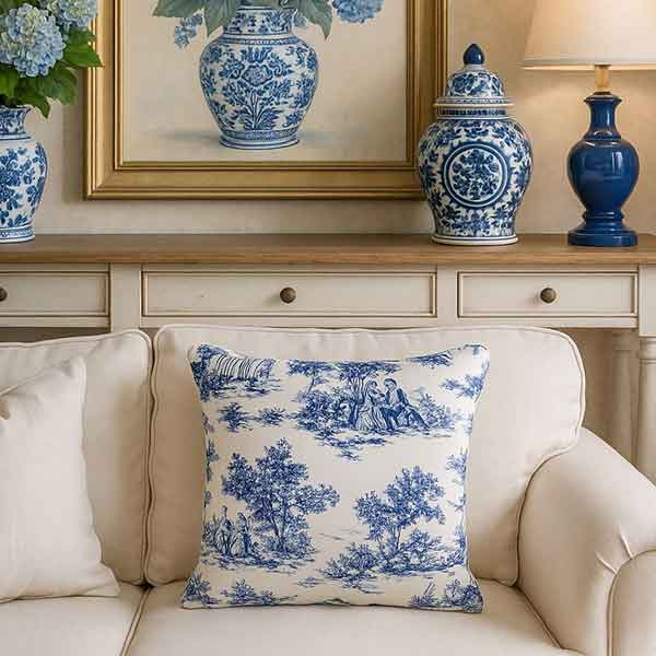 French Toile Throw Pillow (Blue)